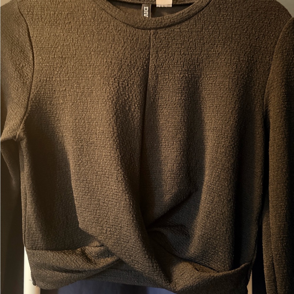 Divided Black Textured Long-Sleeve Crop Top